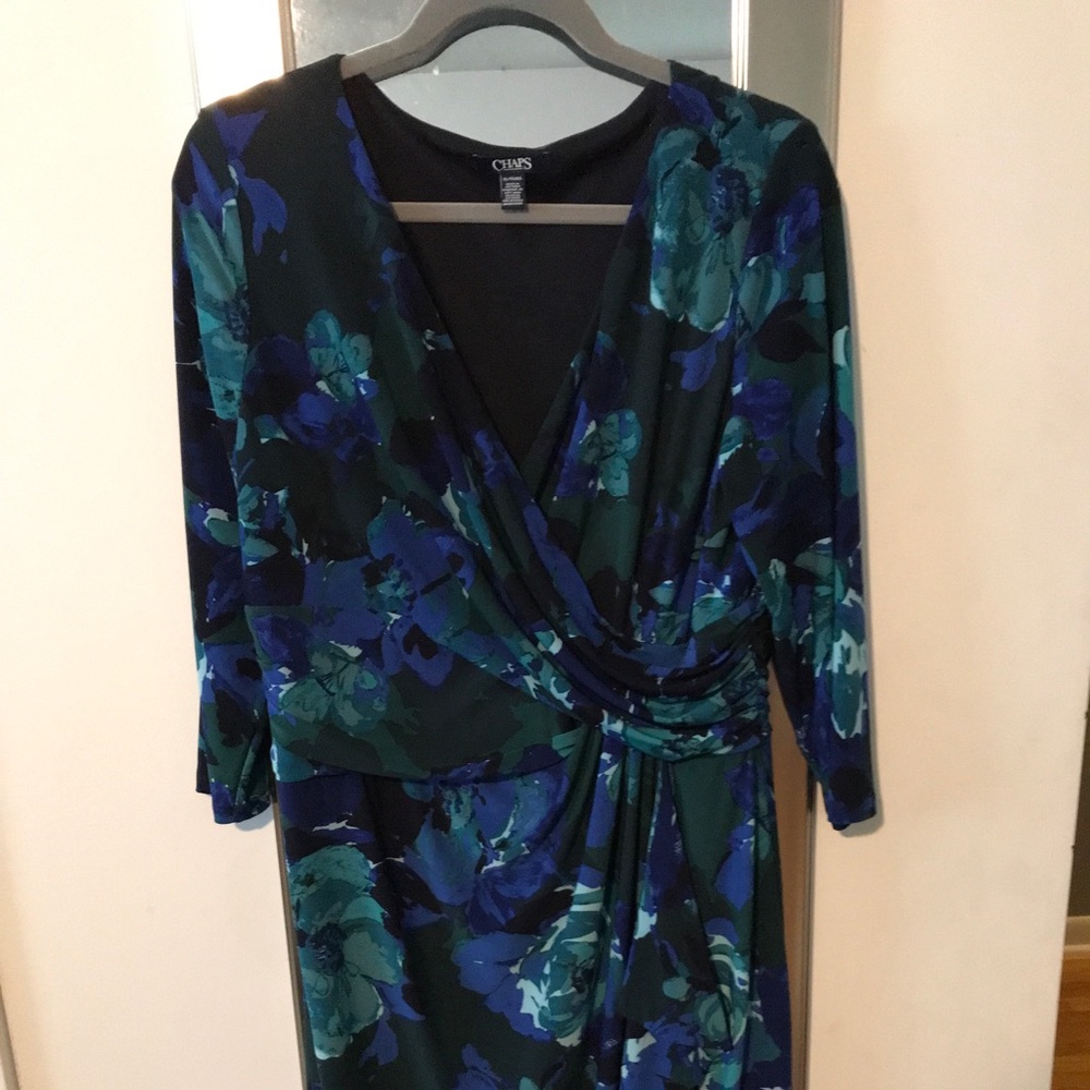 Chaps dress, size 14. Blue, green, black floral.